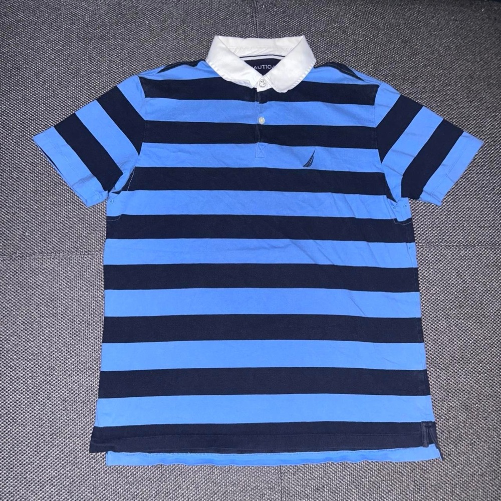 Nautica Navy/Blue Striped Short Sleeve Polo Shirt Size Medium Classic Fit